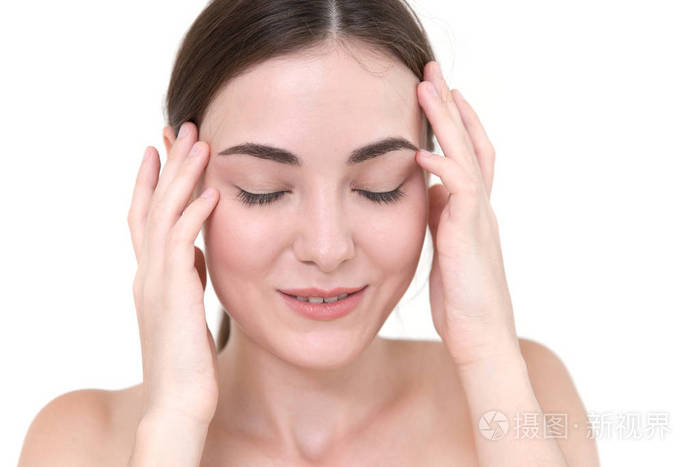 美丽的女性自我头部颞部按摩止痛headac