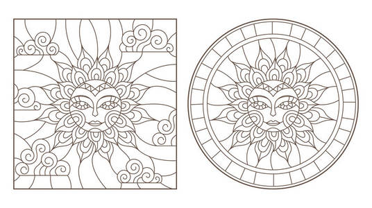 设置彩色玻璃太阳的轮廓插图, 面, 圆和方形的图像, 在白色背景上的暗轮廓, 隔离