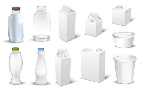 一套白色空白现实乳制品包装, 包括塑料瓶和纸箱包隔离矢量插图