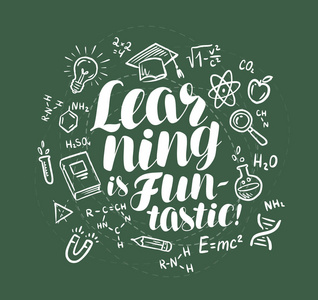 黑板上用学校用品教育, 学习横幅.在学校黑板上用粉笔写的字母.