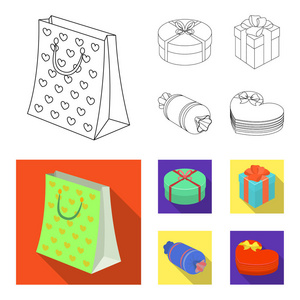 礼品盒带弓, 礼品袋。礼品和证书集合图标的轮廓, 平面风格矢量符号股票插画网站