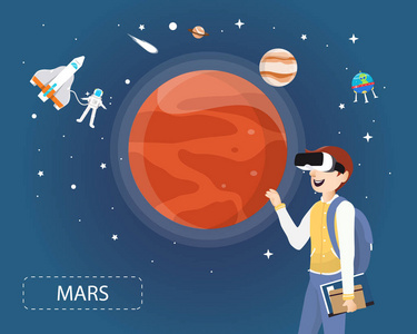 戴着虚拟现实眼镜的人在宇宙中寻找火星