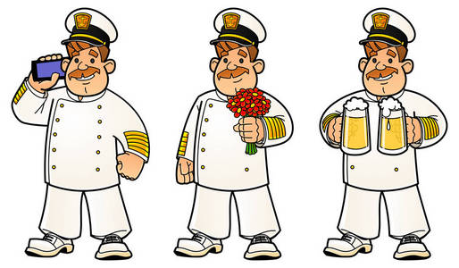 卡通水手一组图像。船长打电话给他的手机, 站在一束鲜花, 携带啤酒杯