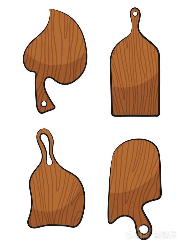 在白色背景上设置砧板矢量插画卡通风格厨房工具一个厨师砧板与风格