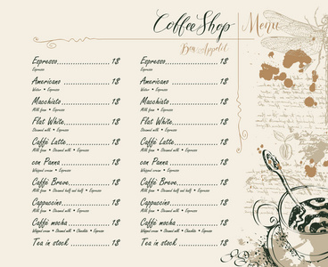 咖啡店菜单, 价目表和图片