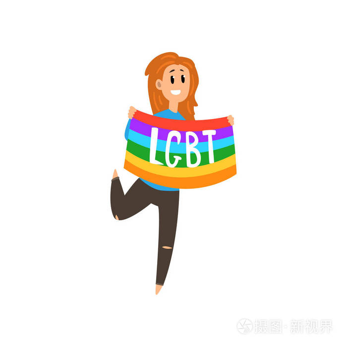 手持大彩虹旗的微笑女子, lgbt 自豪感概念卡通矢量插画