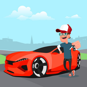 男子帽持有一辆新的红色跑车的钥匙, 卡通矢量插图照片
