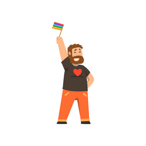 卡通旗手持彩虹旗的微笑人, lgbt 自豪感概念卡通矢量插画照片