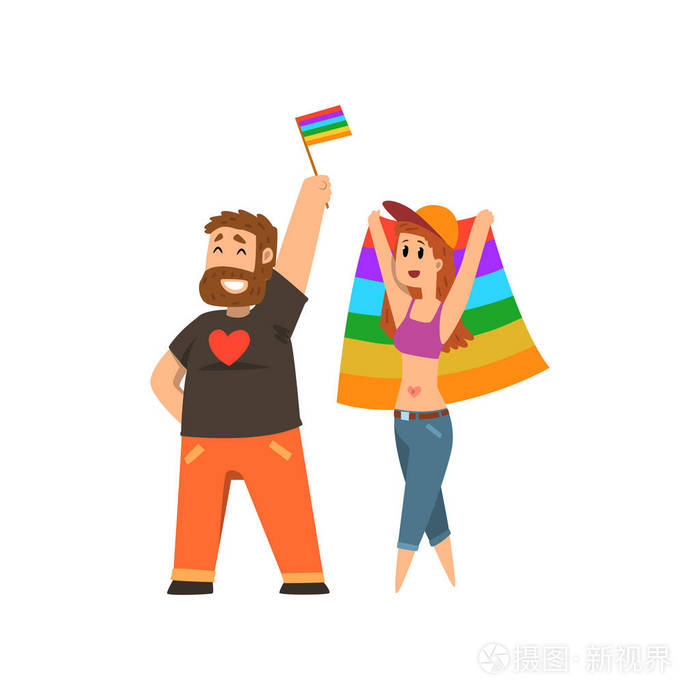 人与彩虹旗子, lgbt 社区庆祝同性恋自豪感卡通矢量插画