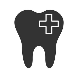 牙齿处理标志符号图标。牙与医疗十字架。剪影符号。负空间。矢量隔离插图