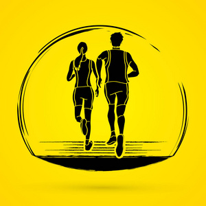 情侣晨跑背景情侣赛跑, 马拉松赛跑者, 人和妇女一起奔跑图形向量照片