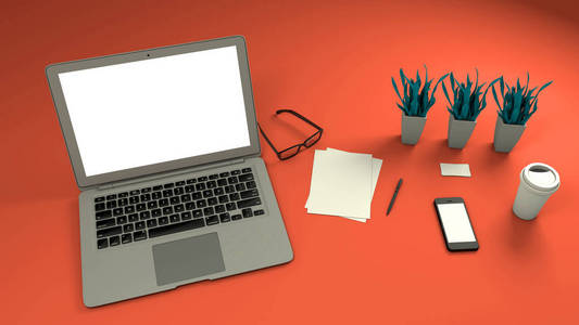 笔记本电脑在木地板上, 模拟白色 A4 表与卡, 表上的眼镜, 与花瓶和智能手机