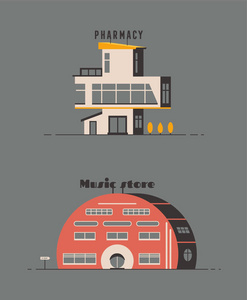 药店和音乐商店大楼平面设计。矢量插图