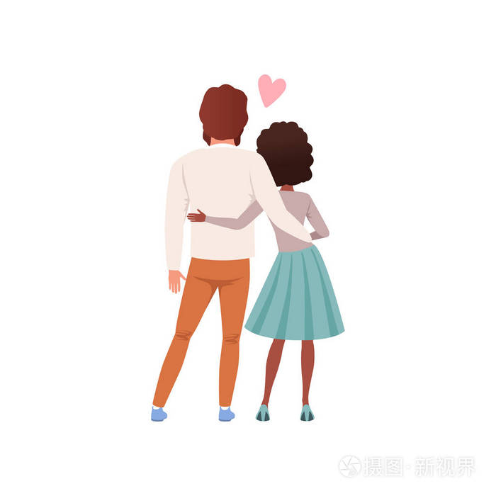 年轻男女角色站立拥抱后面看法, 幸福浪漫情侣在爱卡通矢量插画