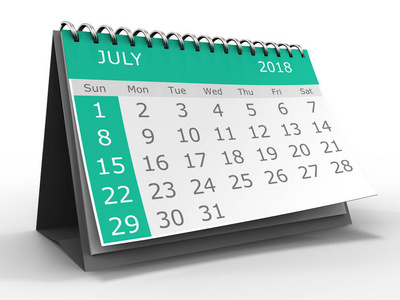 3d 日历在白色背景2018年7月月的例证
