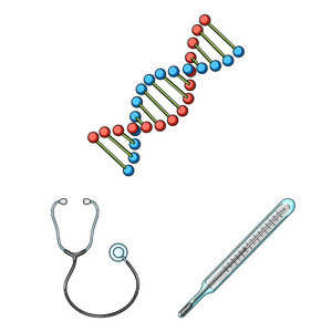 药物和治疗卡通图标集合中的设计。药品和设备矢量符号库存 web 插图