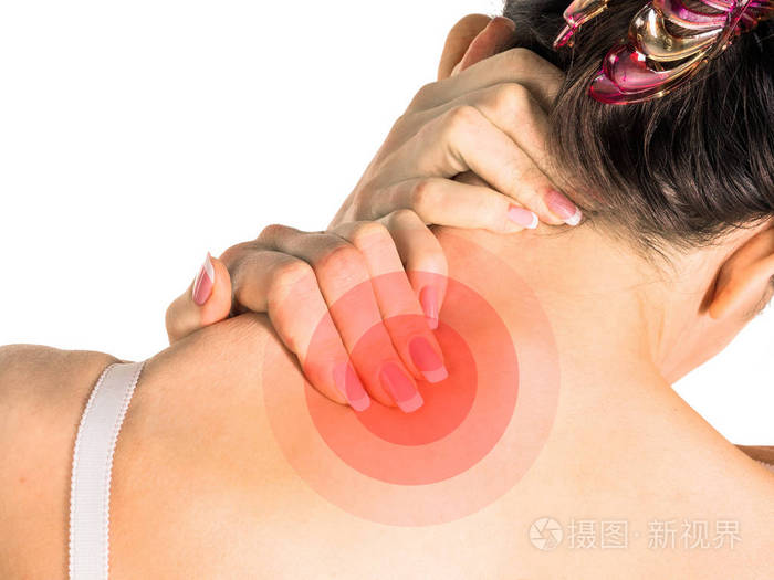 疼痛女孩在他手中持有的脖子隔离