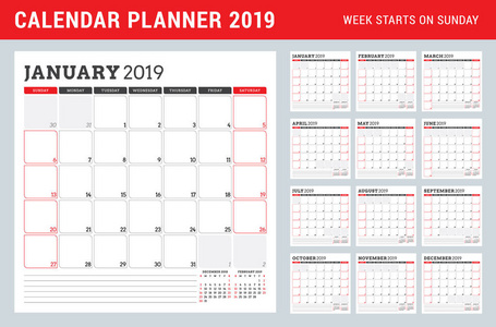 日历规划师2019年。星期从星期日开始。设置12月。可打印矢量信纸设计模板