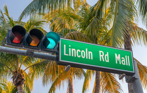 林肯路购物中心街道标志。这是迈阿密海滩的一条著名的路。