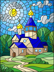插图在彩绘玻璃样式与教会在夏天风景的背景, 一个教会在阳光明媚的天空和绿树的背景下