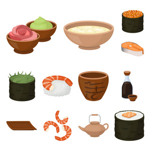 寿司和调味卡通图标集合中的设计。海鲜食品, 辅助向量符号股票网站插图