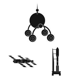 空间技术黑色图标集合中的设计。航天器和设备矢量符号股票 web 插图