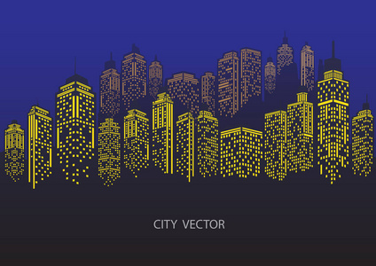 城市夜景。蓝色城市剪影