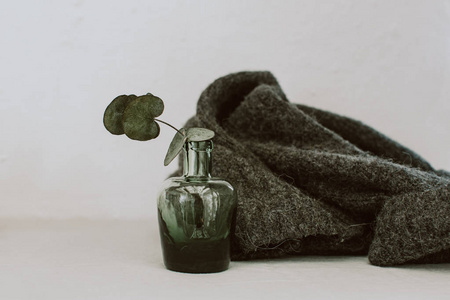 最小的抽象背景与花瓶和桉树早午餐与时髦毛衣