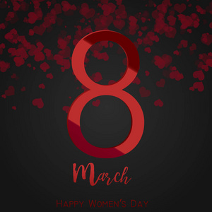 3月8日。快乐妇女节贺卡与红色文本和心脏在黑色。矢量