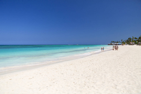 在白色的沙滩在加勒比海，两岛上的椰子棕榈树。多米尼加共和国