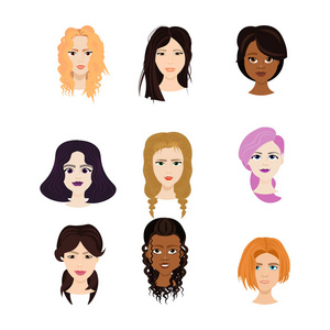 一组女性面孔被隔绝在白色背景, 不同的妇女以另外理发画像