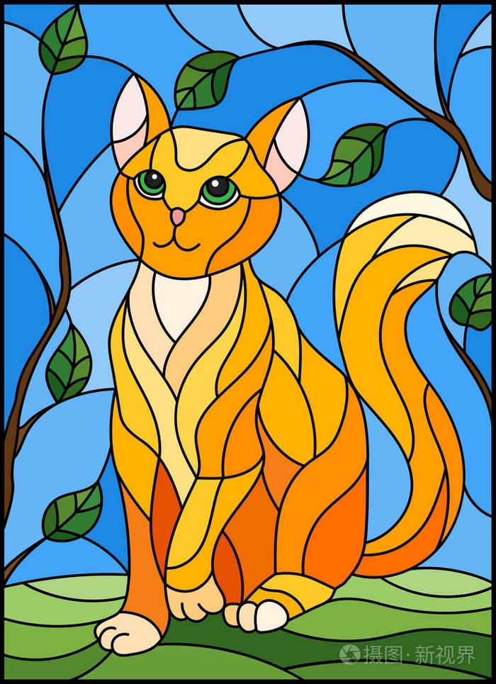 彩色玻璃风格的插图与红猫对天空和树枝插画-正版商用图片04p60e-摄图