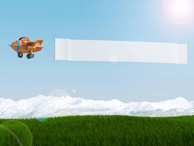 动画片飞行与广告横幅在草领域, 3d 渲染