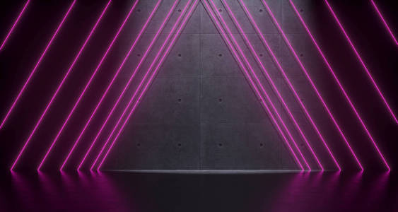 未来的科幻房间, 带有紫色霓虹灯和混凝土墙, 空间和反射。3d 渲染插图