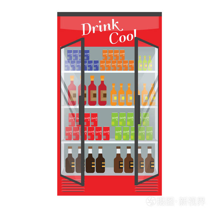 冷藏超市的陈列箱里装满了多杯饮料和饮料.演示样机设计的插图向量