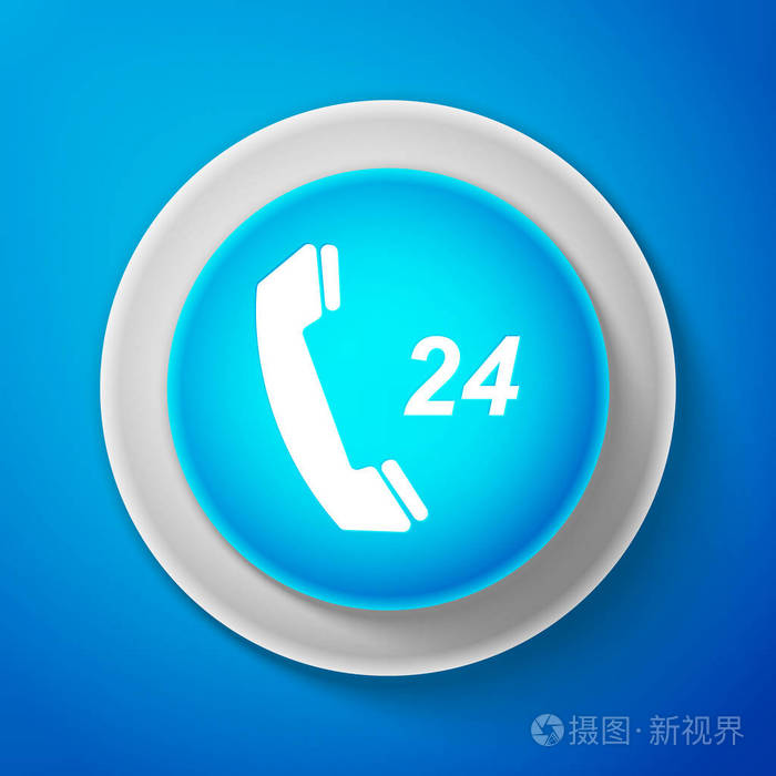 白色电话24小时支持图标在蓝色背景下隔离.全天候客户支持呼叫中心.