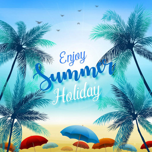 用雨伞和棕榈树享受夏日假期的矢量插图