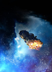 大型宇宙飞船接近美丽的蓝色星云