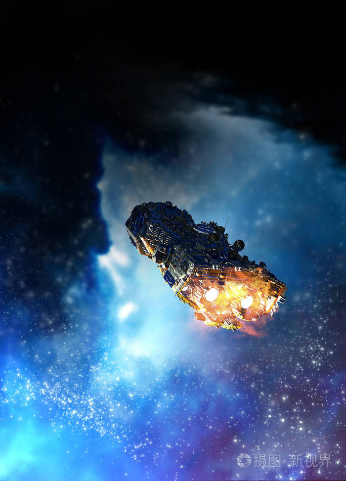 大型宇宙飞船接近美丽的蓝色星云