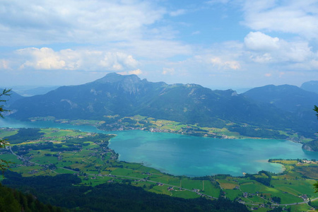 湖叫岗湖在奥地利与山在背景和云彩在天空和草在前面