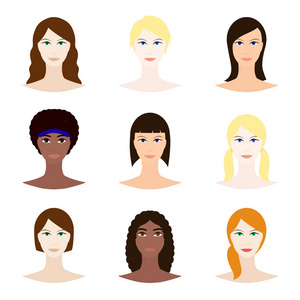 女性头像套装, 女人脸上的图标。白色和黑色的年轻女孩, 各种发型风格。女性角色设计。矢量插图