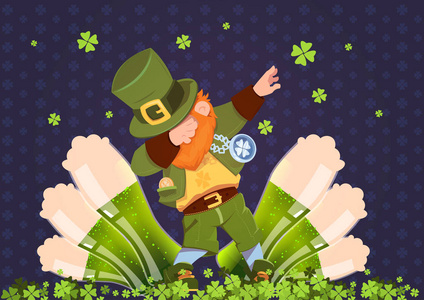 快乐圣帕特里克日爱尔兰节日与绿色妖精在杯子啤酒