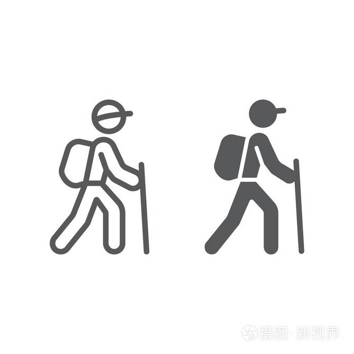 插画 远足线和字形图标, 旅游和旅游, 旅游背包符号矢量图形, 一个