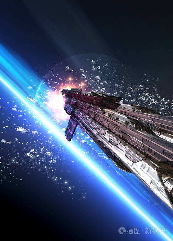 背景中的大型宇宙飞船在小行星带上环绕的距离