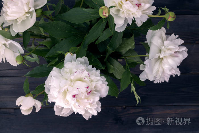 一束美丽的白色牡丹花的顶部景色