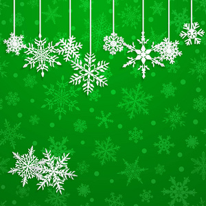 绿色背景下的白色挂雪花圣诞插图