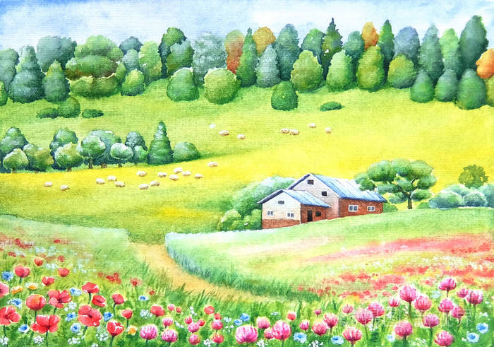 癒しの水彩画1060 田園 癒しの水彩画1060 田園