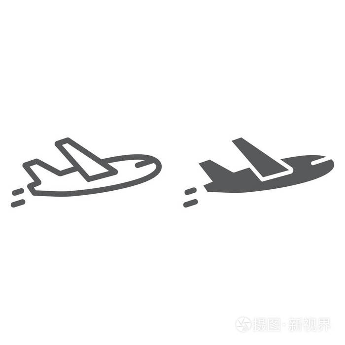 飞机飞行线和字形图标, 旅游和旅游, 平面符号矢量图形, 一个白色背景