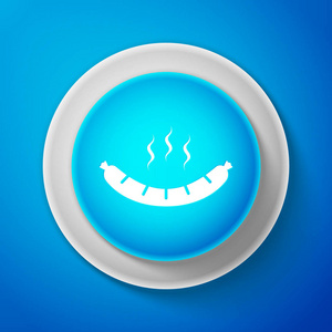 白色香肠图标被隔离在蓝色背景。烤香肠和香气标志。圆圈蓝色按钮与白色线。矢量插图