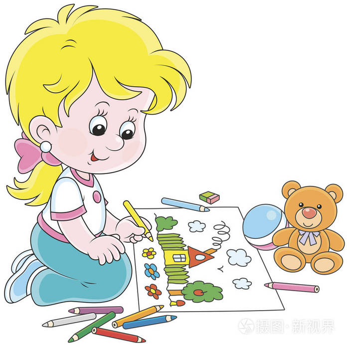 用彩色铅笔画画的小女孩一个有趣的夏天小房子和花朵的图片, 矢量插图